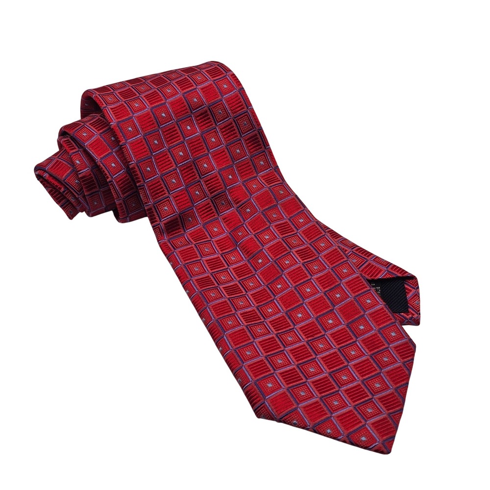 Canali Textured Silk Tie Red Geometric Square Italian Luxury Designer Formal